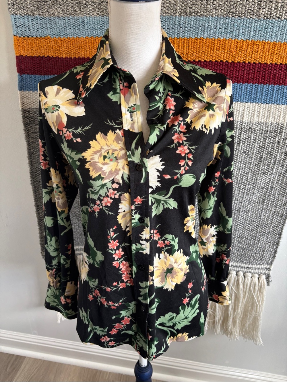 Vintage Black Floral Button-Down Shirt with Yellow Blooms